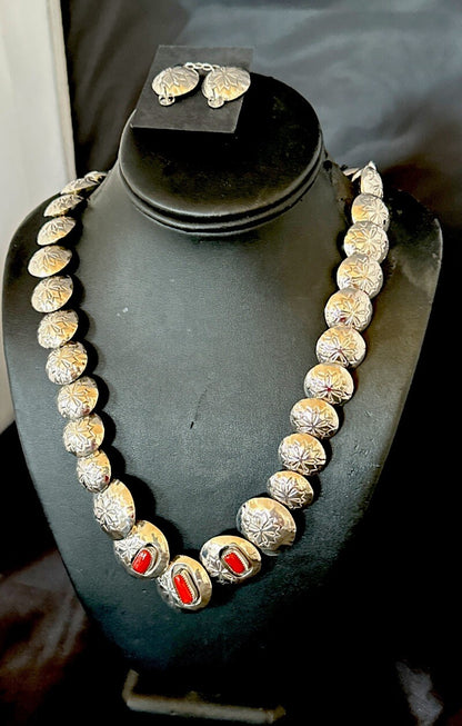 Reversible Coral Turquoise Navajo Sterling Silver Necklace Earrings 24" 17769