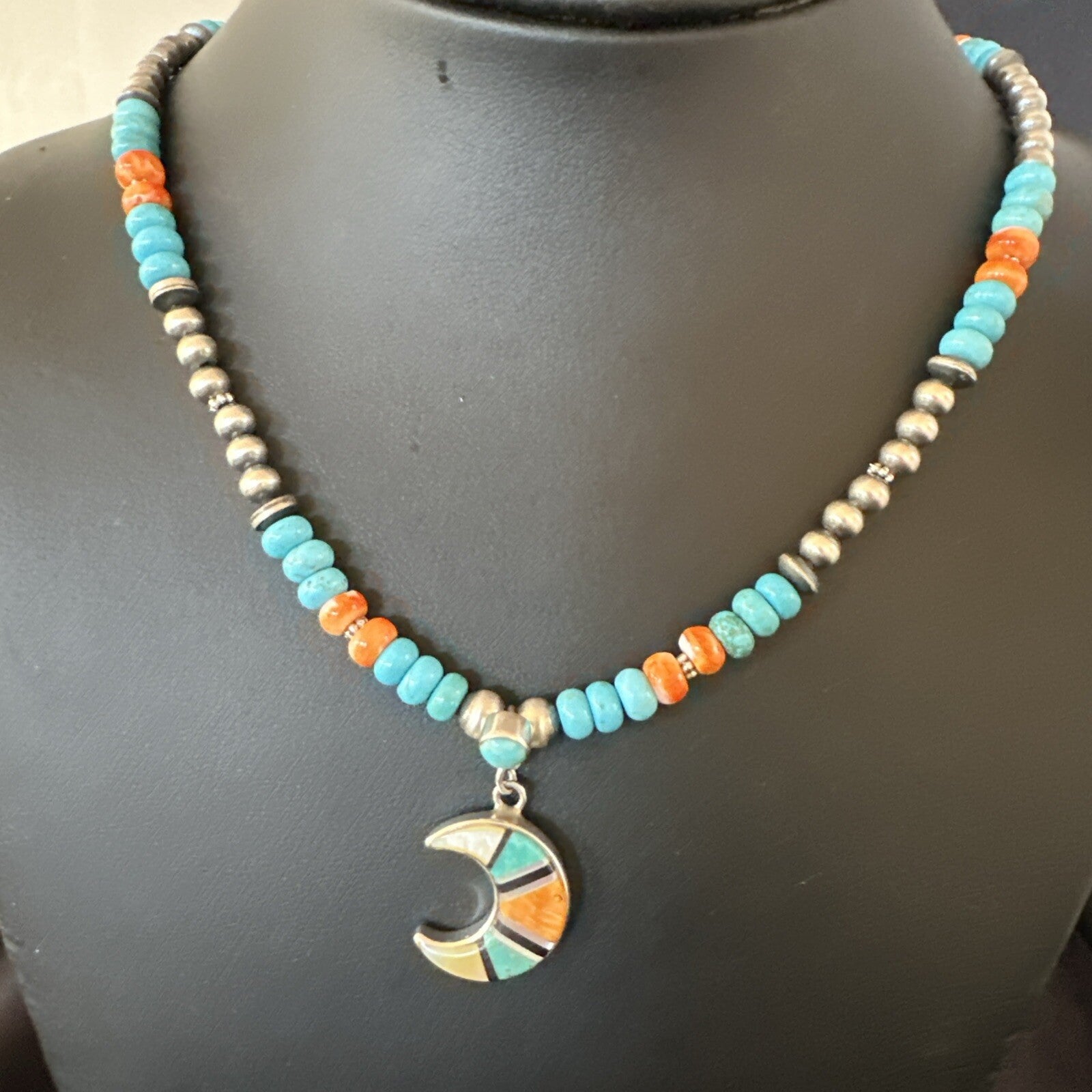 Crescent Multicolor Turquoise Pendant Navajo Sterling Silver Necklace 18731