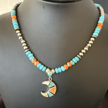 Crescent Multicolor Turquoise Pendant Navajo Sterling Silver Necklace 18731