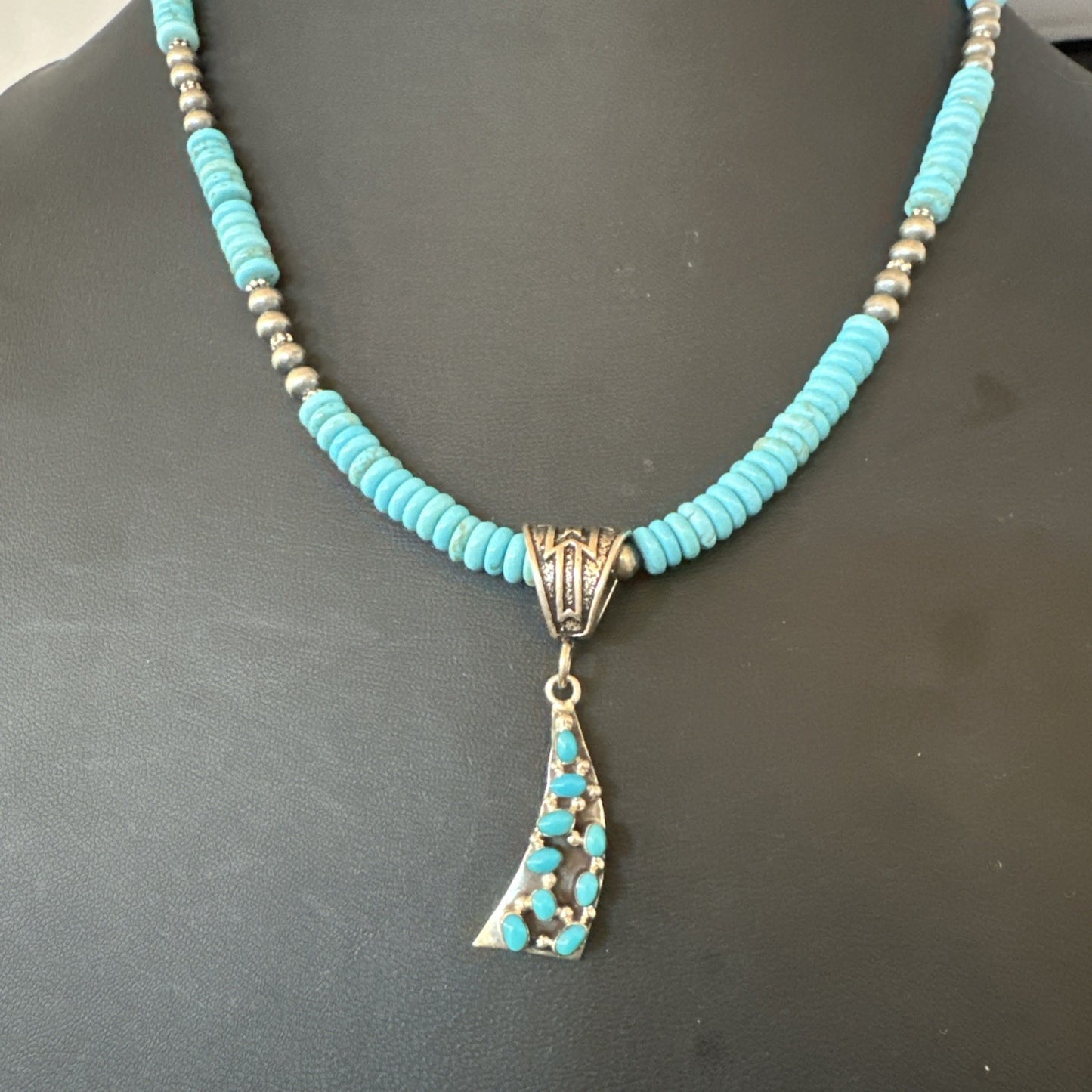 Blue Turquoise Cluster Pendant Navajo Sterling Silver Necklace 20" 19715