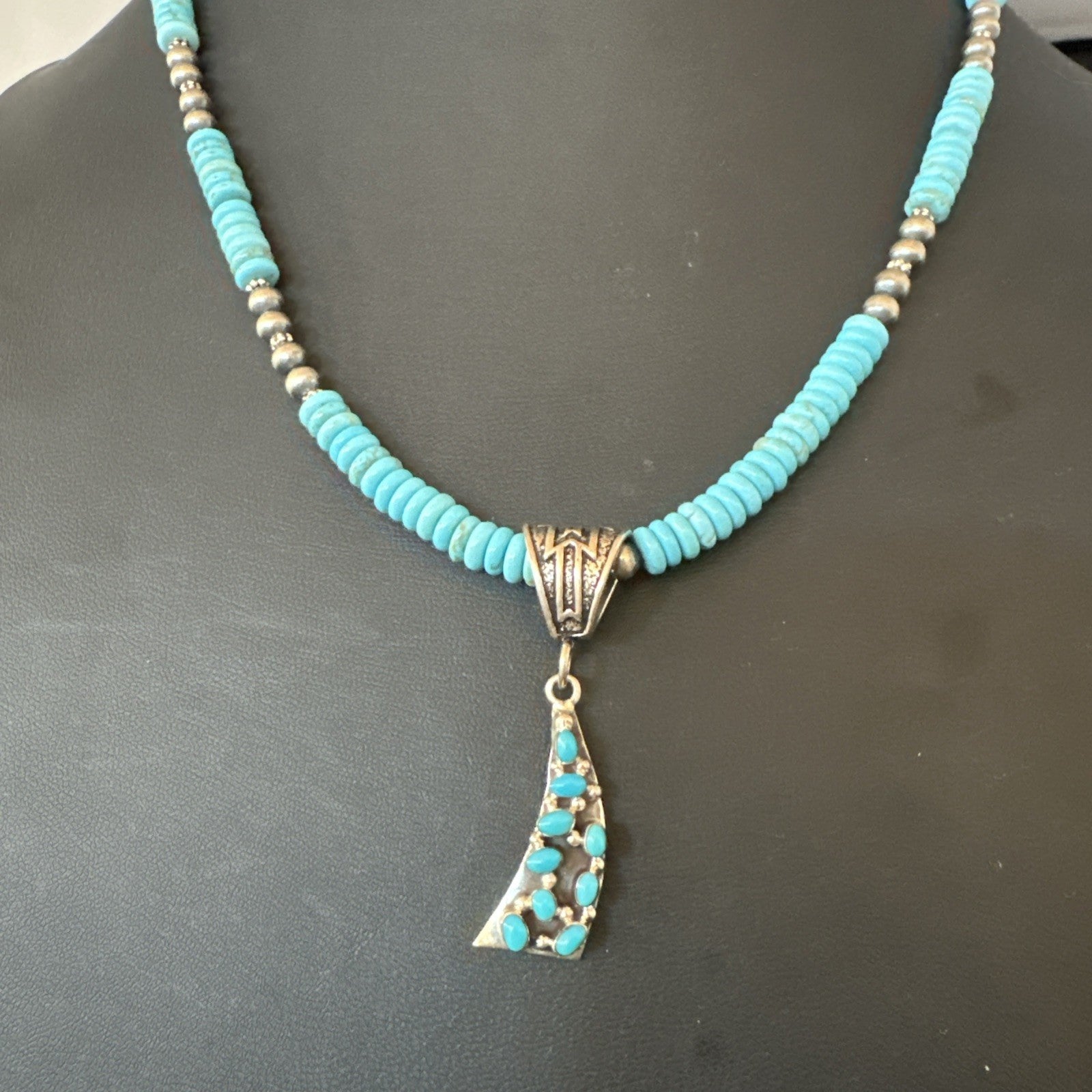 Blue Turquoise Cluster Pendant Navajo Sterling Silver Necklace 20" 19715