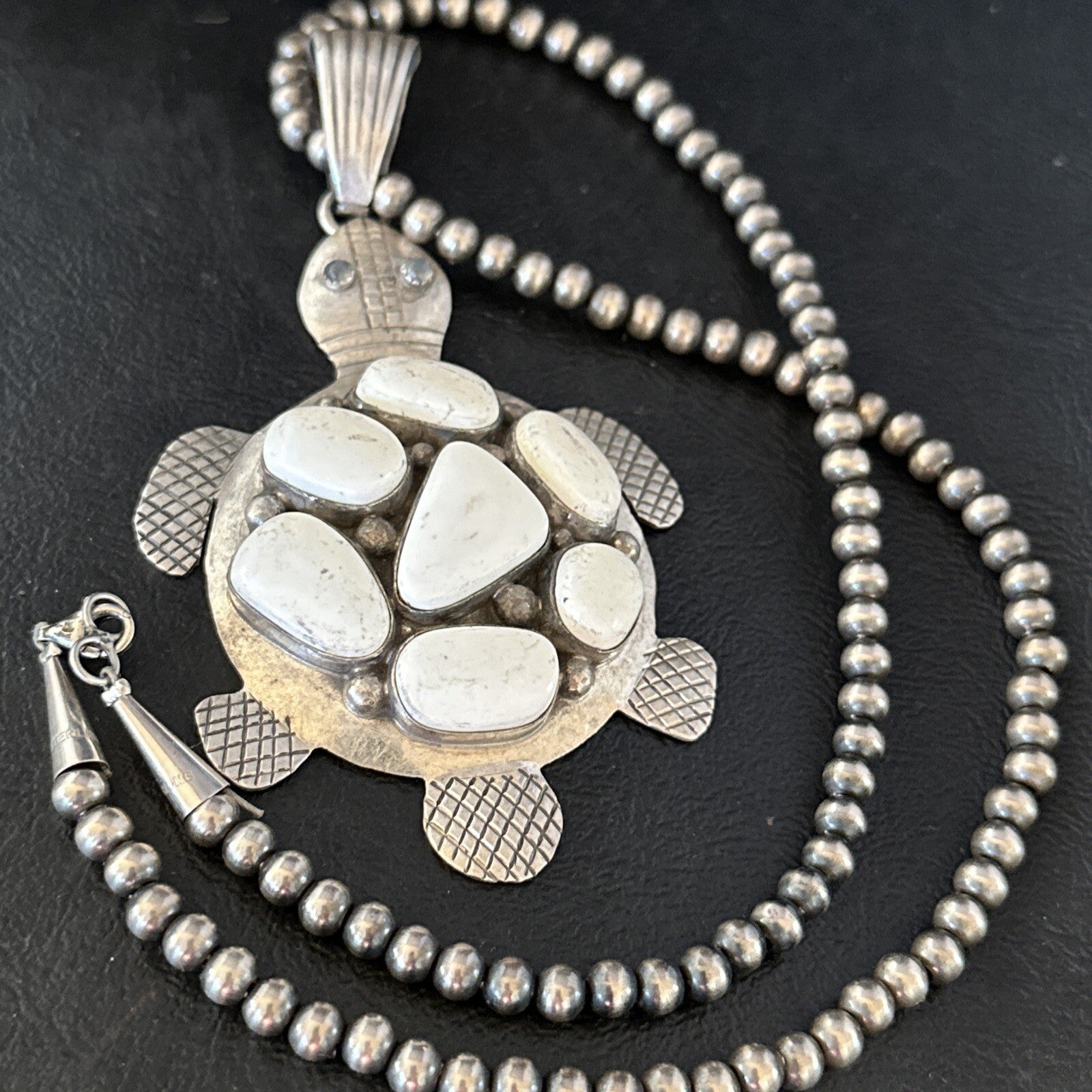 CLUSTER Turtle Navajo White Buffalo Turquoise Sterling Silver Pendant 14528