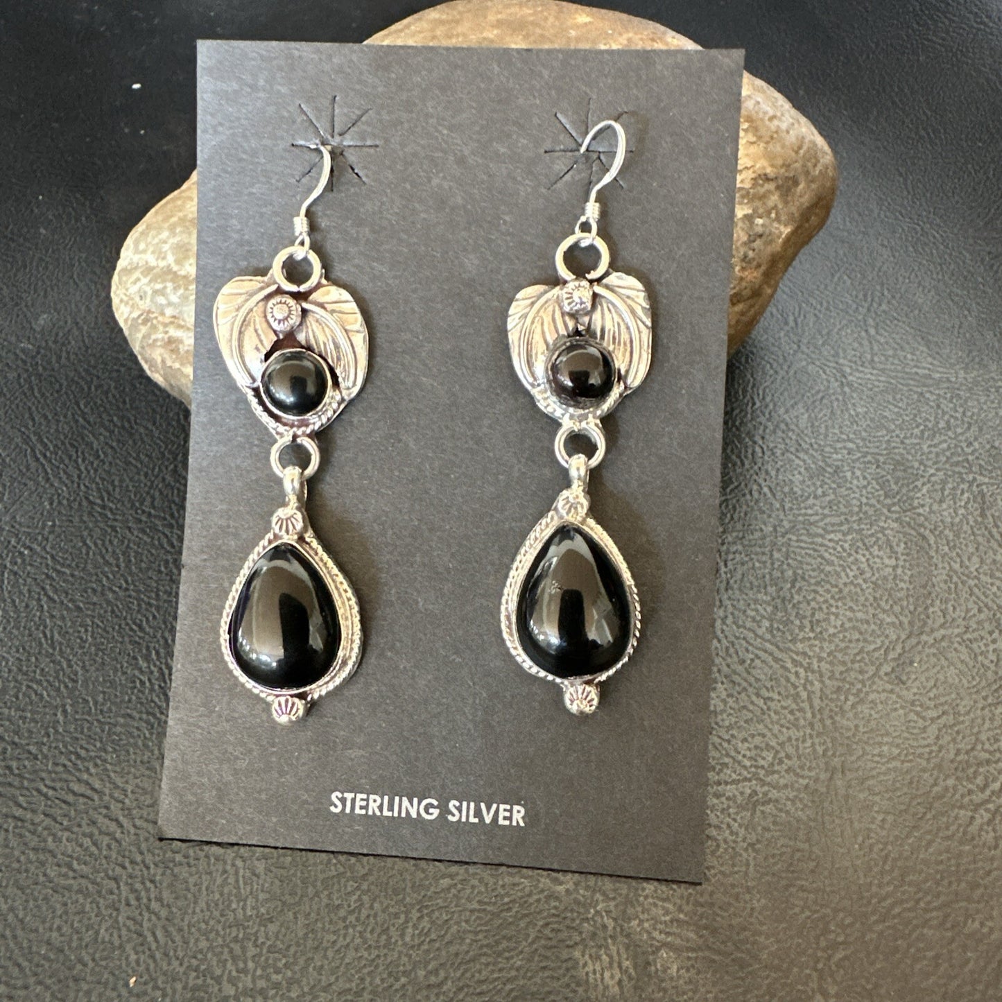 Black Onyx Navajo Sterling Silver Dangle Earrings 1.5" 18292