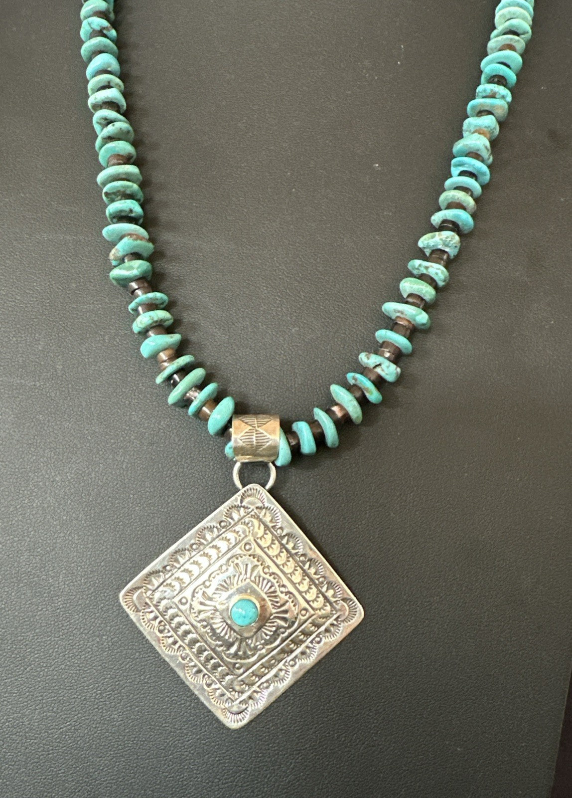Navajo Blue Turquoise Stamped Pendant Shell Sterling Silver 25” Necklace 19707