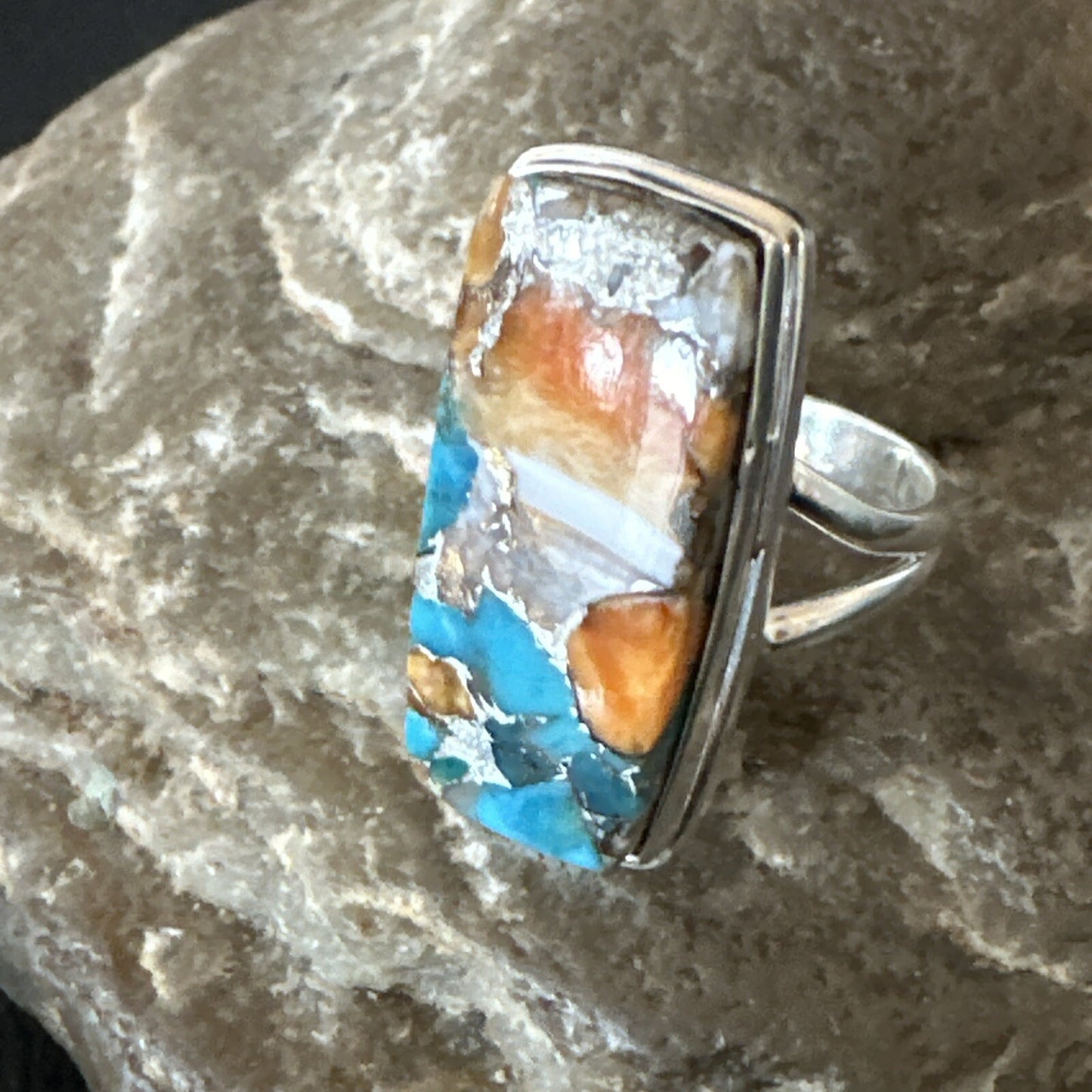 Blue Turquoise Spiny Oyster Southwestern Sterling Silver Ring Size 6 18513
