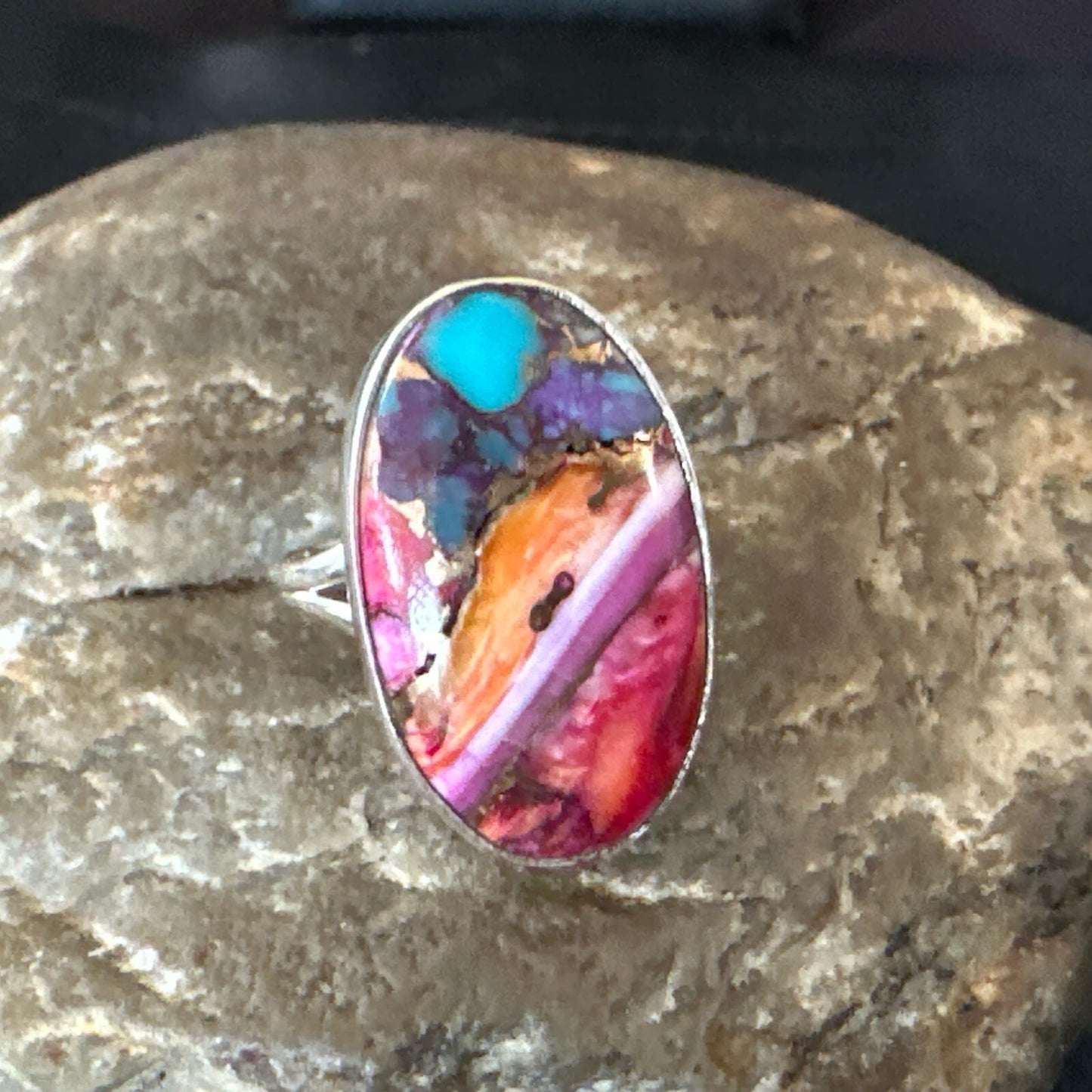 Blue Turquoise Spiny Oyster Southwestern Sterling Silver Ring Size 8 18479