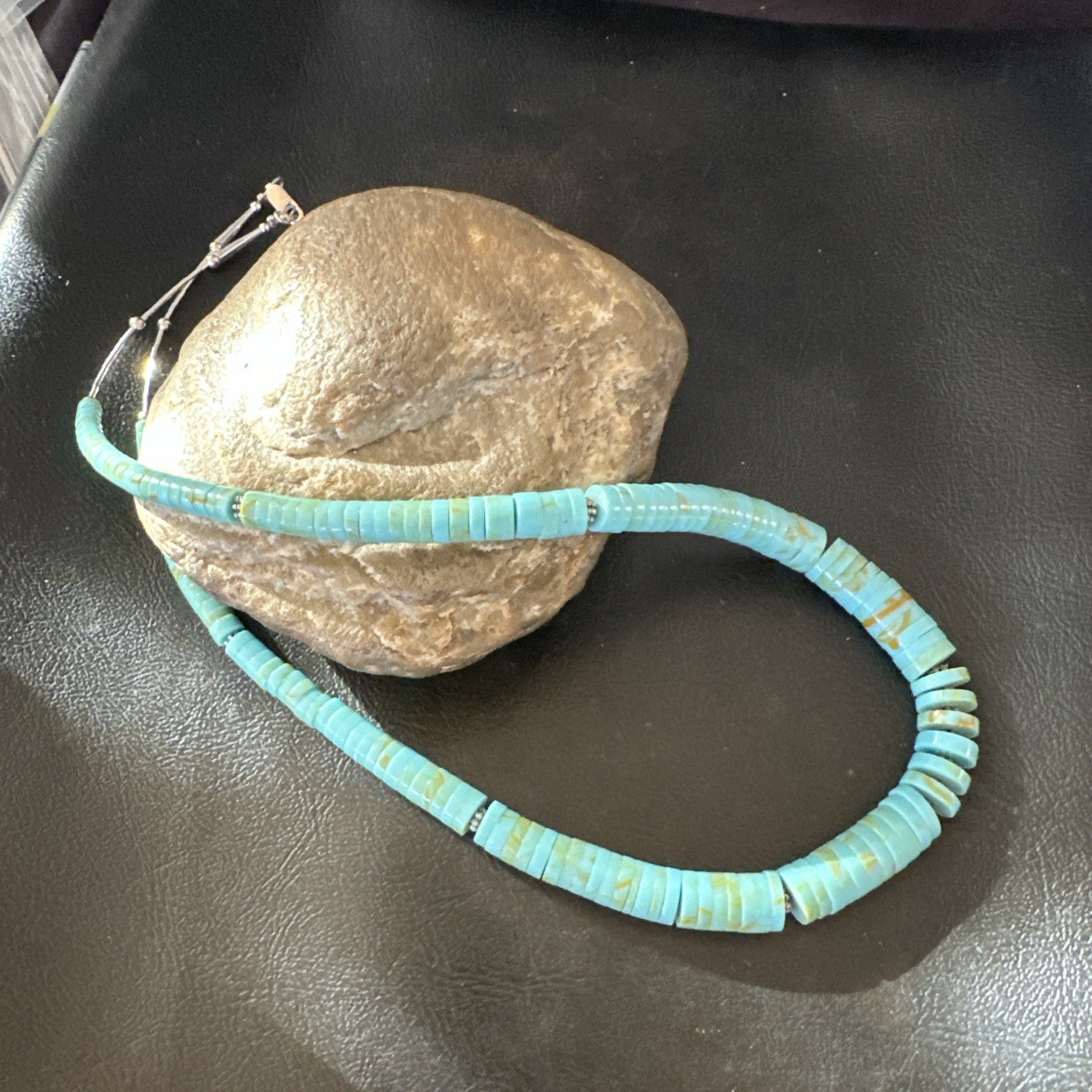 23” Turquoise Heishi Stabilized Graduated Blue Gr Sterling Silver Necklace 19726