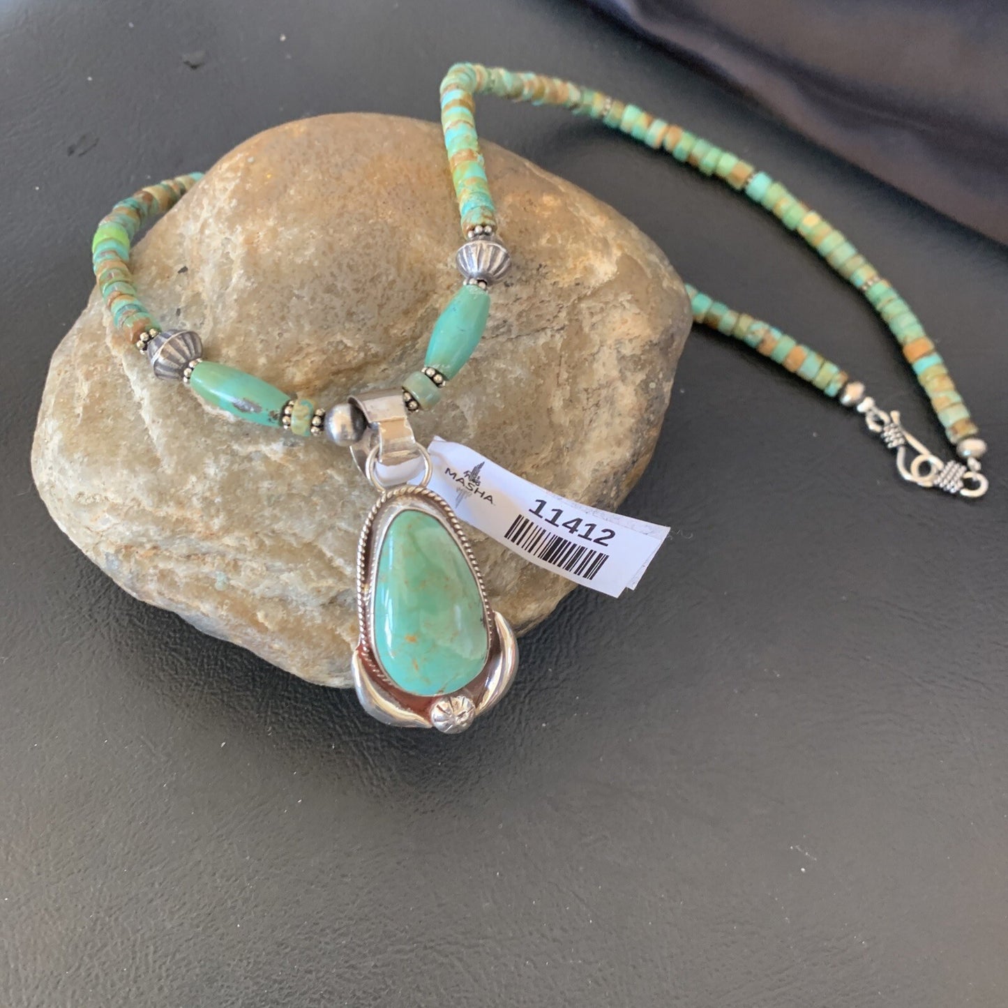 Green Turquoise Pendant Navajo Pearls Sterling Silver Necklace 11412