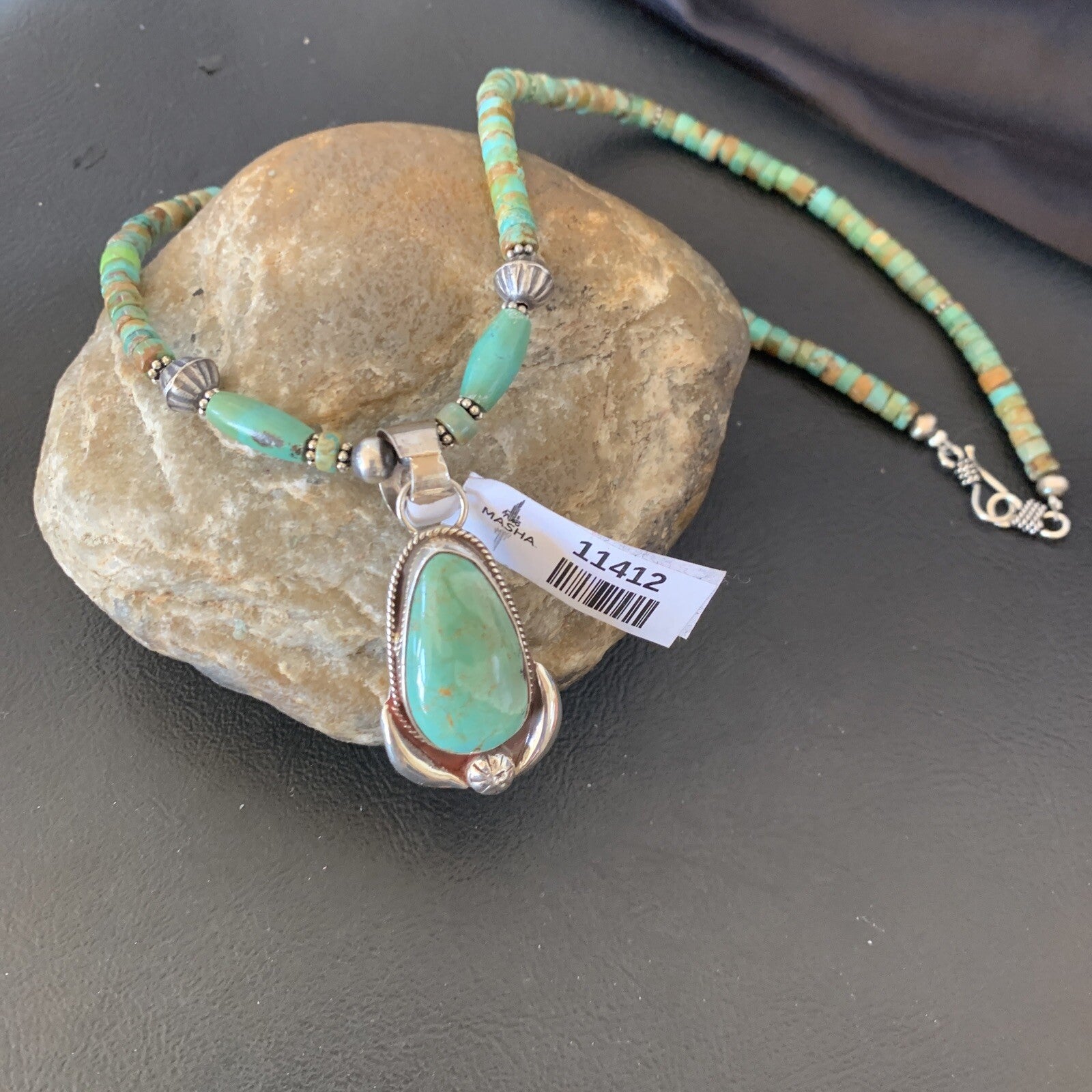 Green Turquoise Pendant Navajo Pearls Sterling Silver Necklace 11412