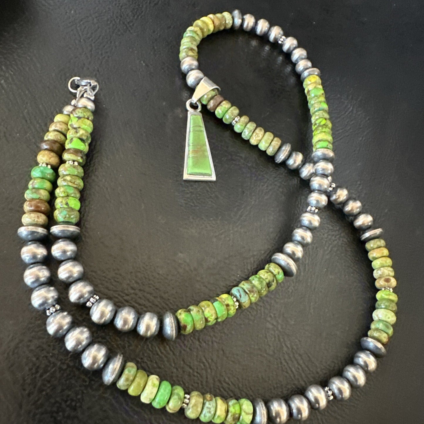 Womens Green Gaspeite Turquoise Pendant Navajo Sterling Silver Necklace 18371