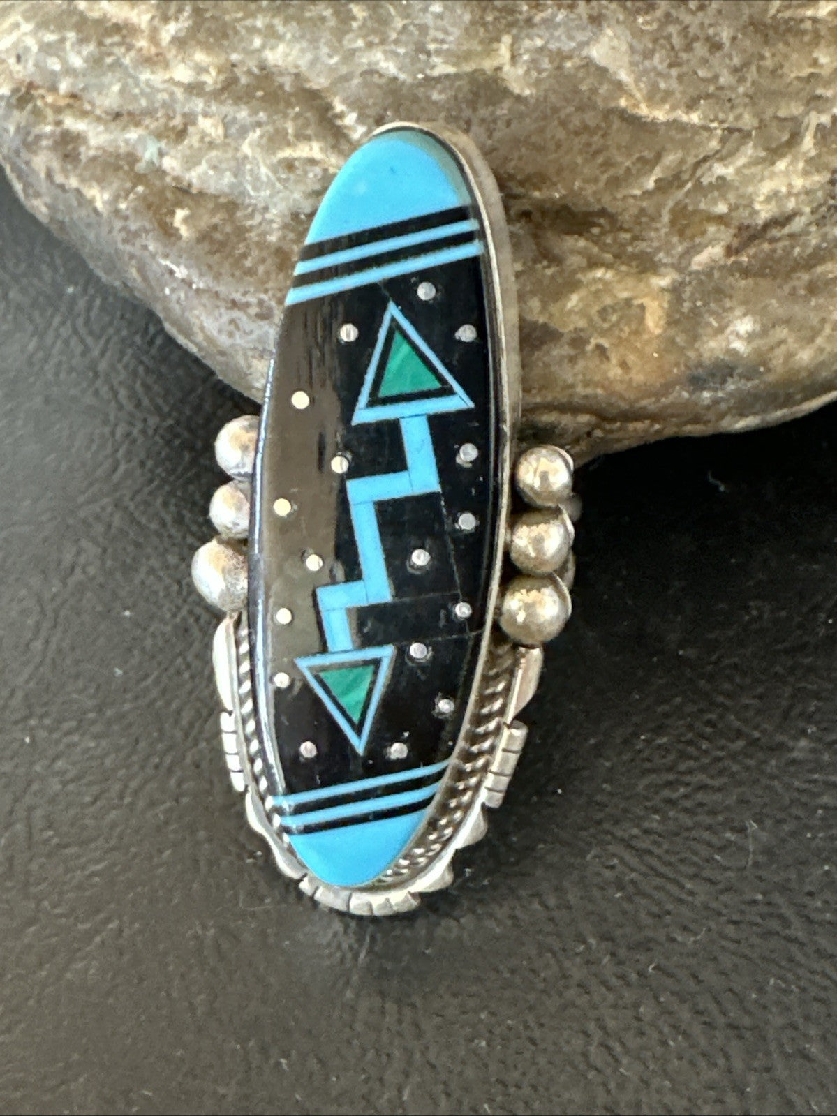 Cosmic Inlay Black Onyx Blue Turquoise Navajo Sterling Silver Ring Sz 9.5 19790