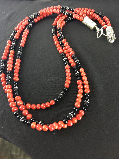 Red Bamboo Coral Black Onyx 3 Strand Sterling Silver Necklace 3246