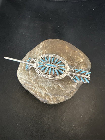A Zuni Needle Point Sterling Silver Blue Turquoise Hair Barrette 4" 18622