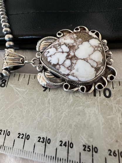 Navajo Pearls Sterling Silver Wild Crazy Horse Turquoise Necklace Pendant 19390