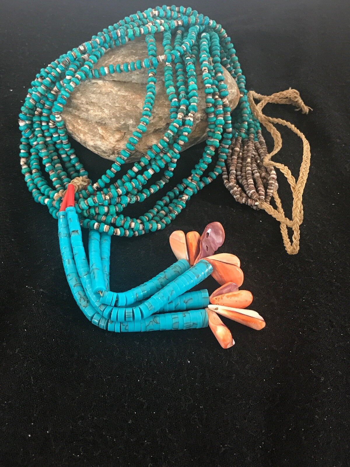 Mens Turquoise Bead 9 Strands Navajo Pearls Sterling Silver Necklace 08451