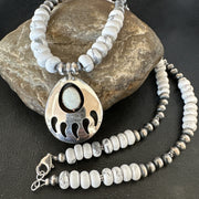 Men's White Opal BearPaw Pendant Navajo Howlite Necklace | Sterling Silver | Authentic Native American Handmade | 17884