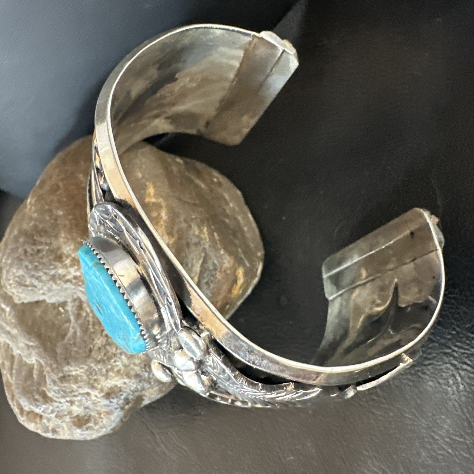 Blue Turquoise Navajo Sterling Silver Cuff Bracelet 12K Gold 19131