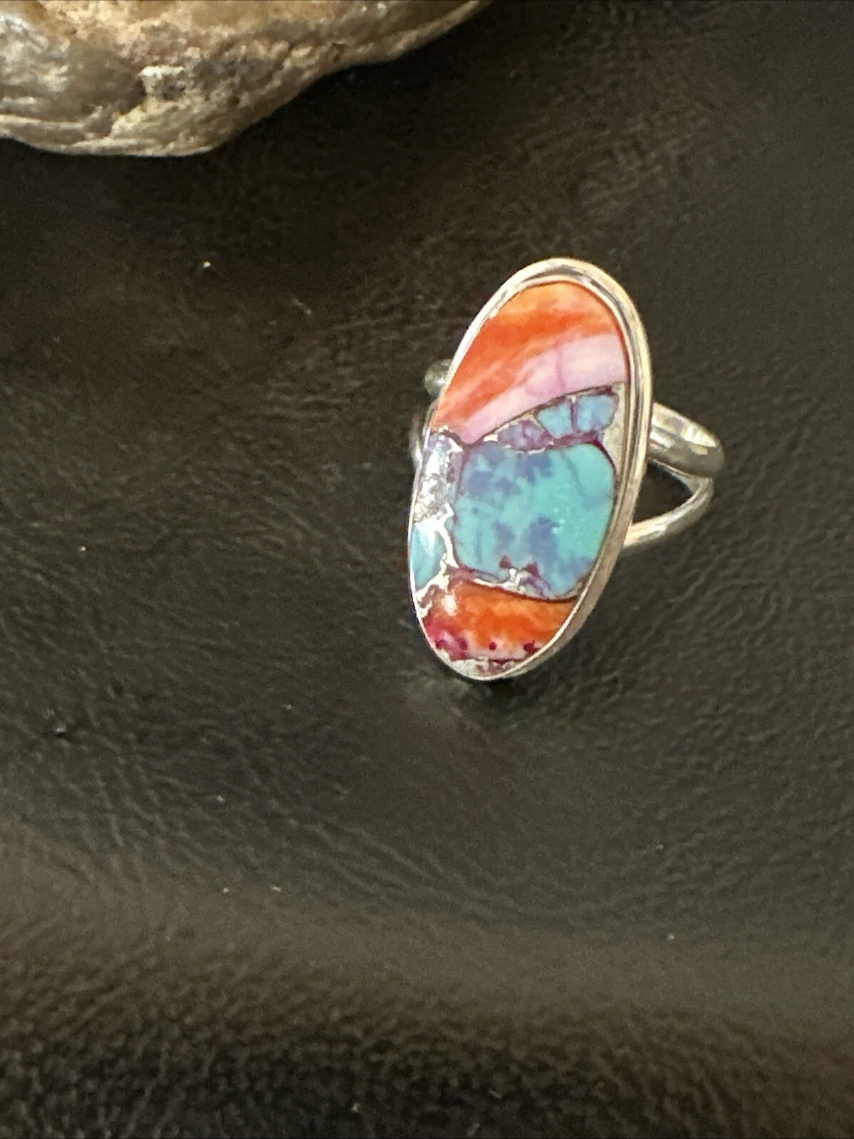 Blue Turquoise Spiny Oyster Southwestern Sterling Silver Ring Size 8 18437