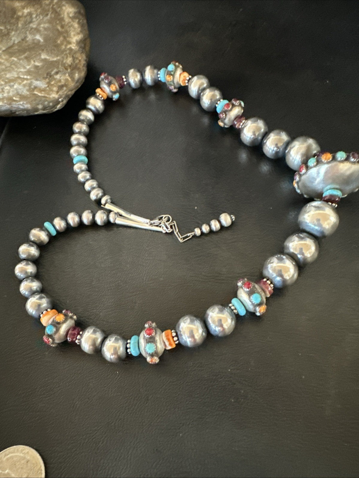 Multicolor Spiny Navajo Pearls Turquoise Sterling Silver Necklace 23” 19447