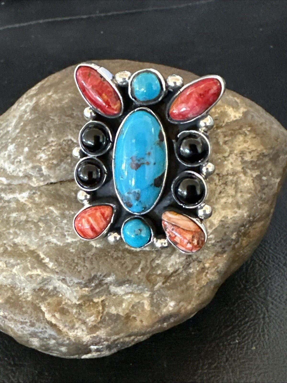 Cluster Blue Turquoise Spiny Oyster Onyx Sterling Silver Ring Size 10 18559