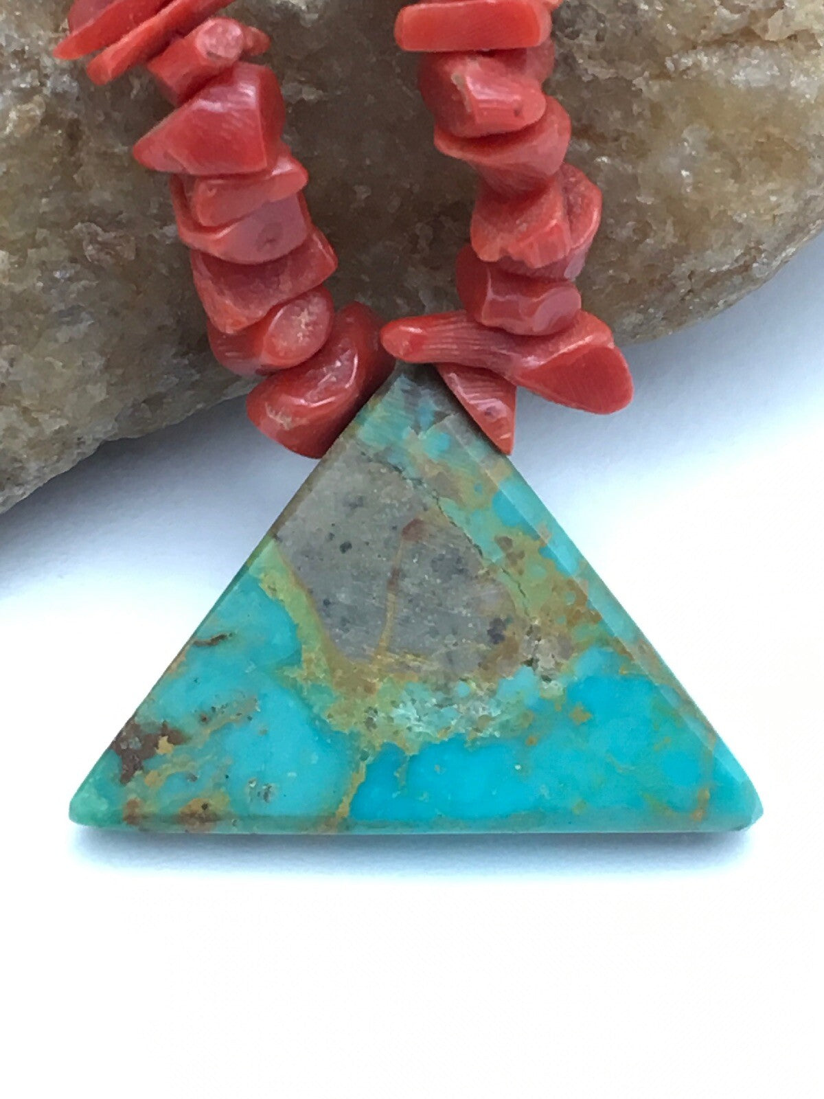 Native Kingman Turquoise Pendant Coral Brass Old Pawn Necklace 19" 04030