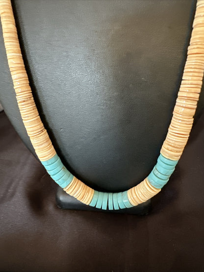 Native Santo Domingo Beige Shell Blue Turquoise 24” Necklace 17764