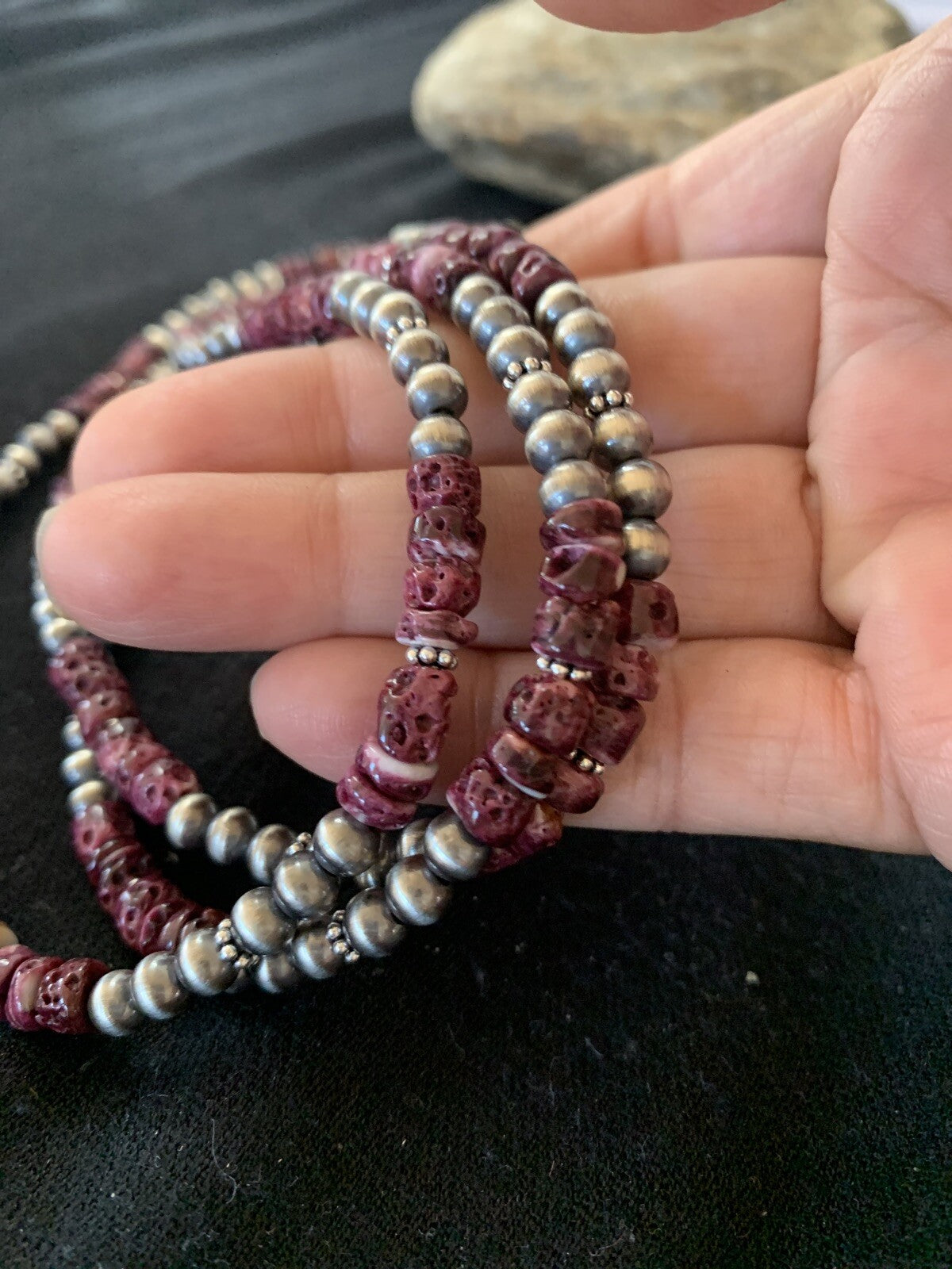 Native Navajo Sterling Silver 3 Strand Purple Spiny Oyster Necklace 22” 10115