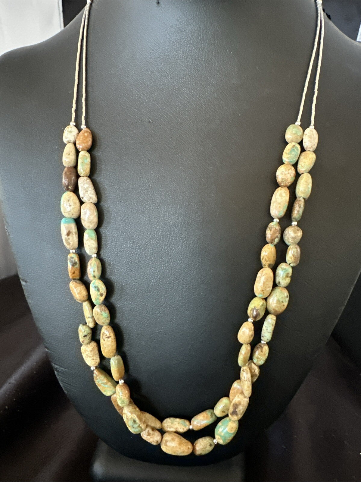 Only One Sterling Silver Heishi Green Turquoise 2 Strands Bead Necklace 18823