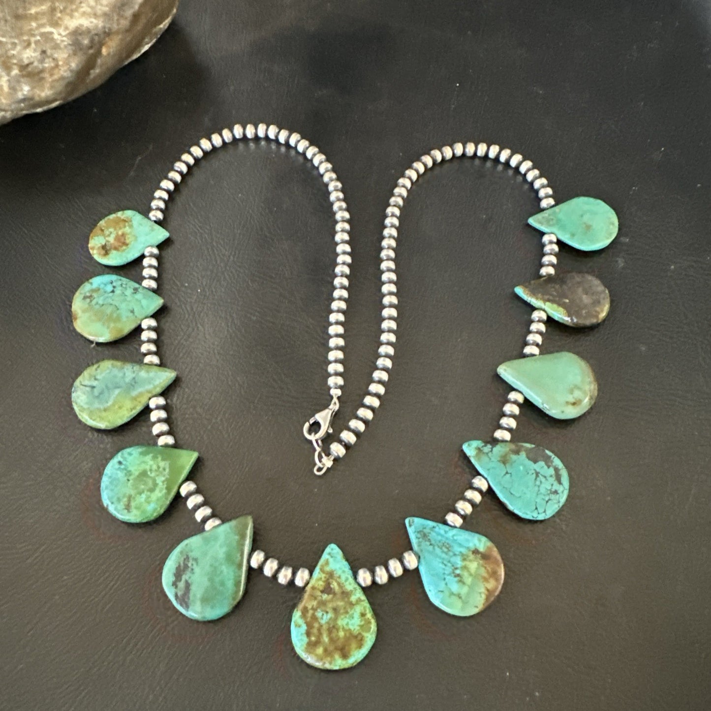 Navajo Pearls Silver Green Teardrop Turquoise Necklace 19229