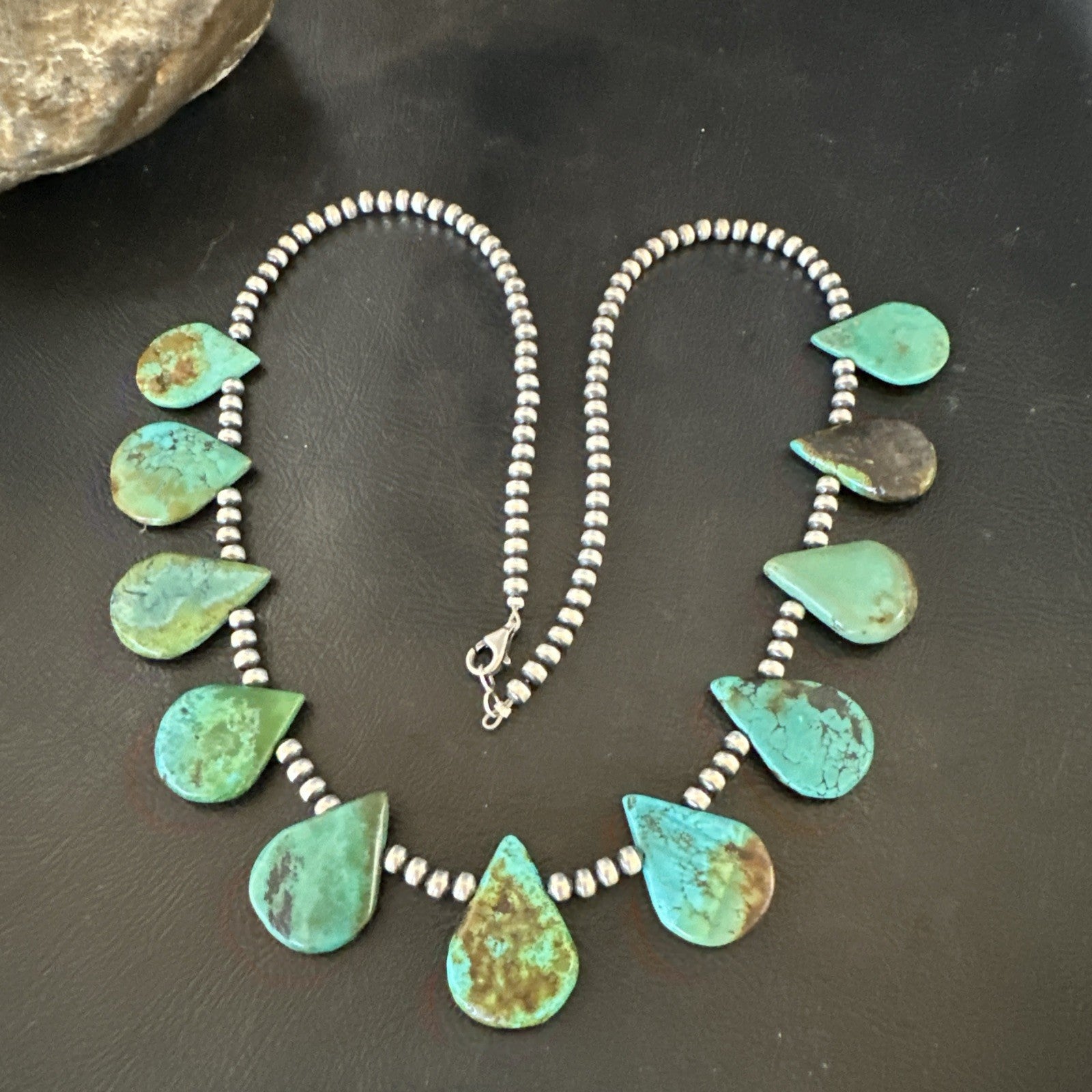 Navajo Pearls Silver Green Teardrop Turquoise Necklace 19229