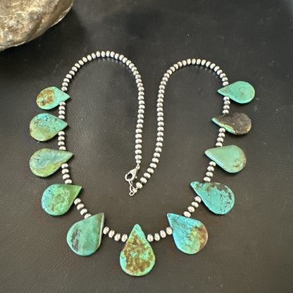 Navajo Pearls Silver Green Teardrop Turquoise Necklace 19229
