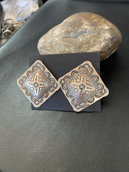 Native American Womens Navajo Sterling Silver Stamped Handmade Earrings