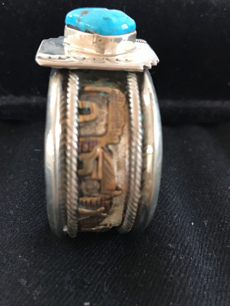Blue Turquoise Navajo Sterling Silver Cuff Bracelet 12K Gold 08290