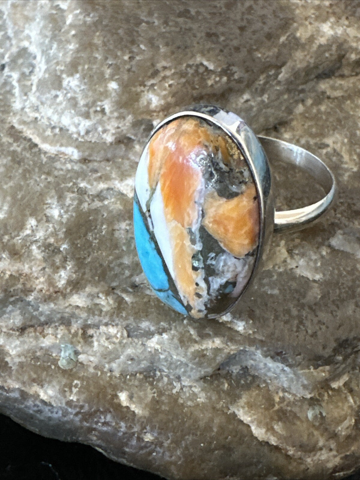 Blue Turquoise Spiny Oyster Southwestern Sterling Silver Ring Size 8 18430