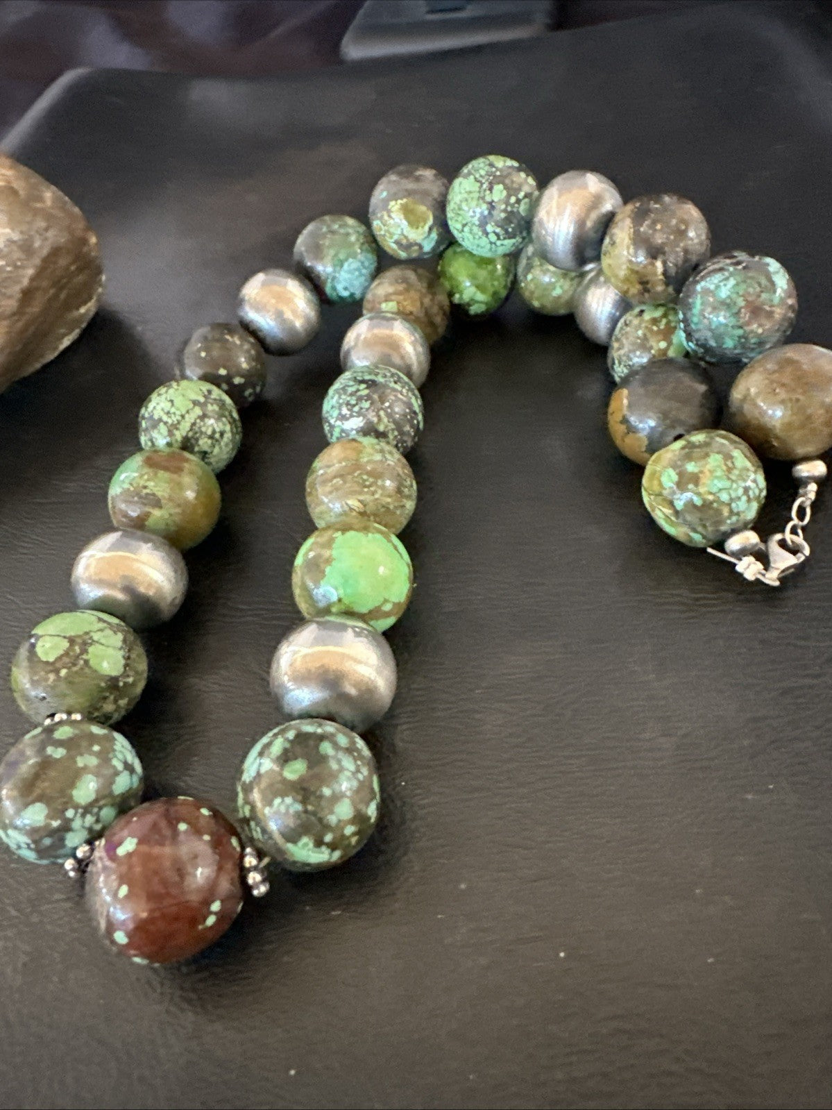 18mm Green Turquoise Round Navajo Pearls Sterling Silver Necklace 21" 19145