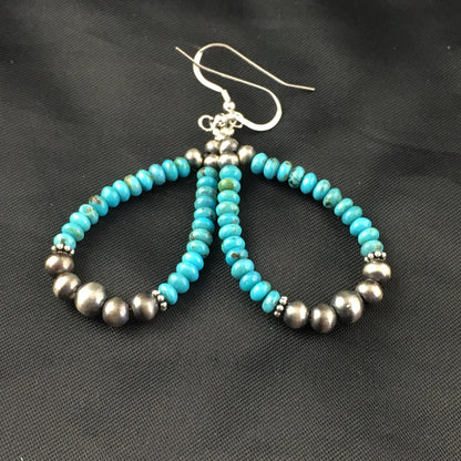 Blue Turquoise Bead Sterling Silver Beads Earrings 1.75" 1971