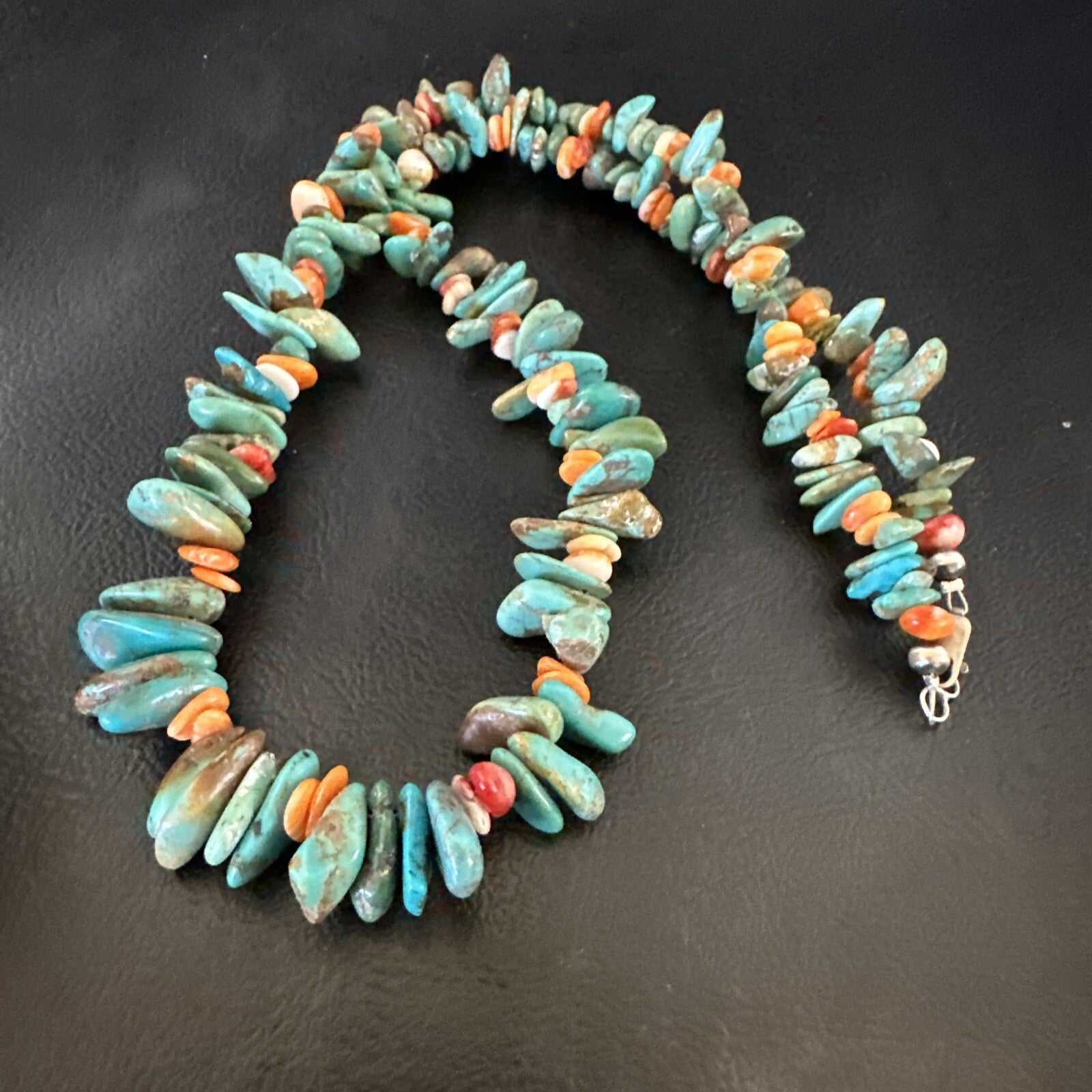 Green Turquoise Orange Spiny Oyster Nugget Sterling Silver Necklace 22” 18162