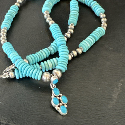 Blue Turquoise Cluster Pendant Navajo Sterling Silver Necklace 20" 19713