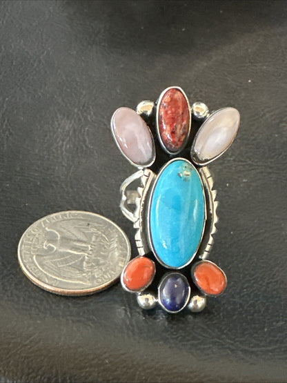 Cluster Blue Turquoise Spiny Oyster Onyx Sterling Silver Ring Size 8 18564