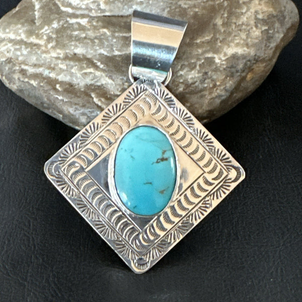 Men Women Blue Kingman Turquoise Pendant Navajo H Joe | Sterling Silver | Authentic Native American Handmade | 19519