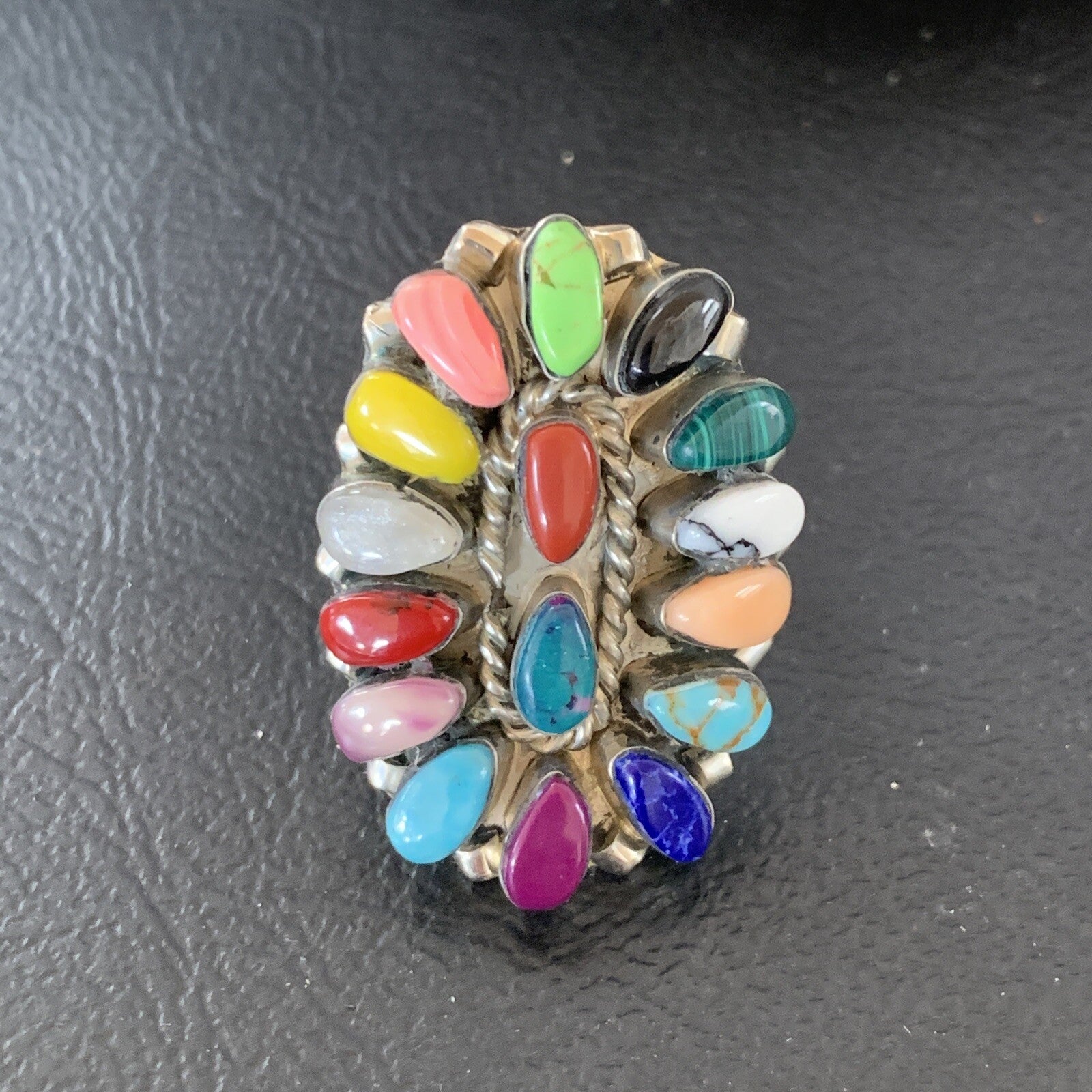 Onyx Lapis Turquoise & Gaspiete Navajo Sterling Silver Inlay Ring Size 8 11960