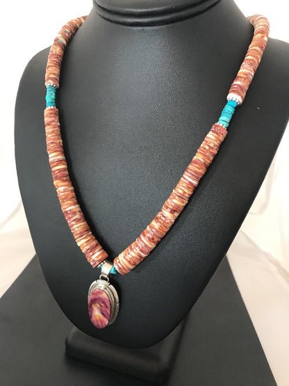Native Navajo Sterling Silver Turquoise Spiny Oyster Bead Necklace Pendant 10040