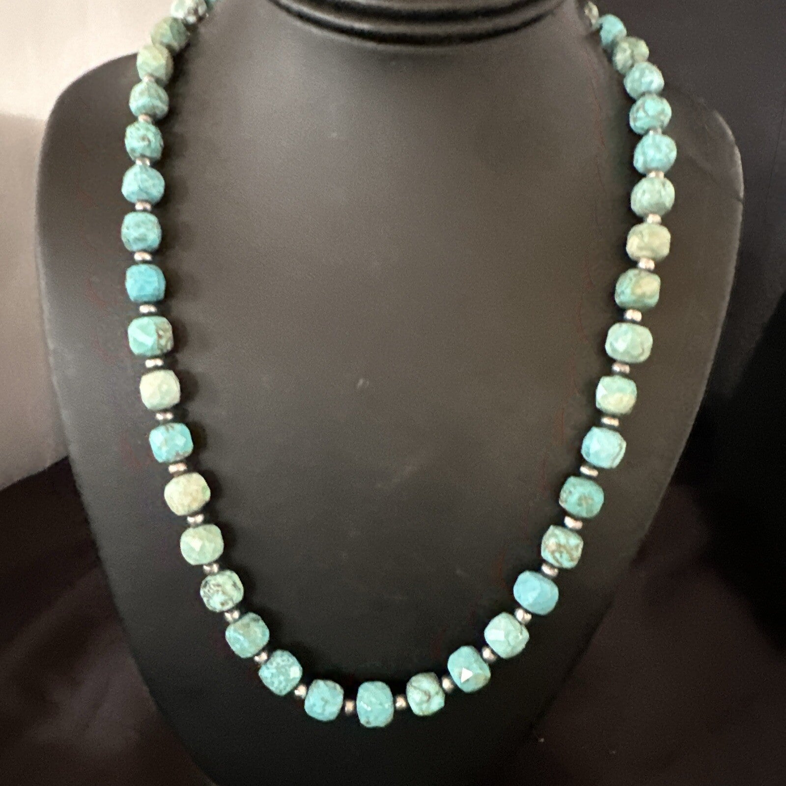 Faceted Blue Turquoise Navajo Sterling Silver Beads Necklace 21” 17727