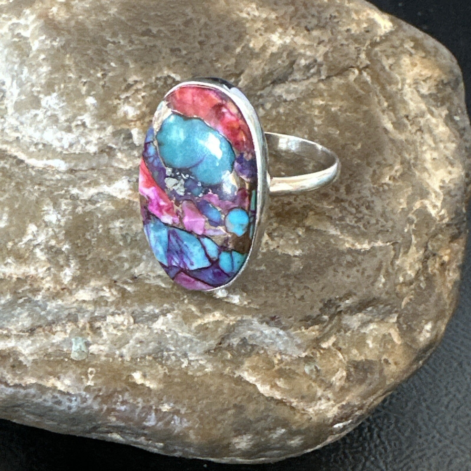Blue Turquoise Spiny Oyster Southwestern Sterling Silver Ring Size 11 18450