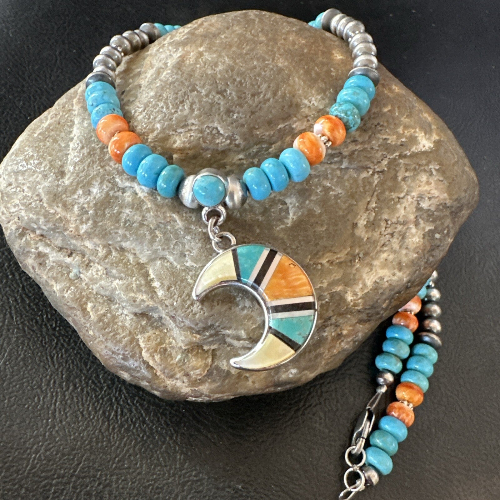 Crescent Multicolor Turquoise Pendant Navajo Sterling Silver Necklace 18731