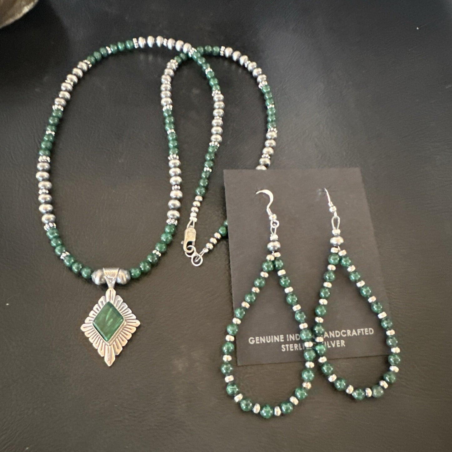 Womens Green Malachite Pendant Navajo Sterling Silver Necklace Earrings 18374