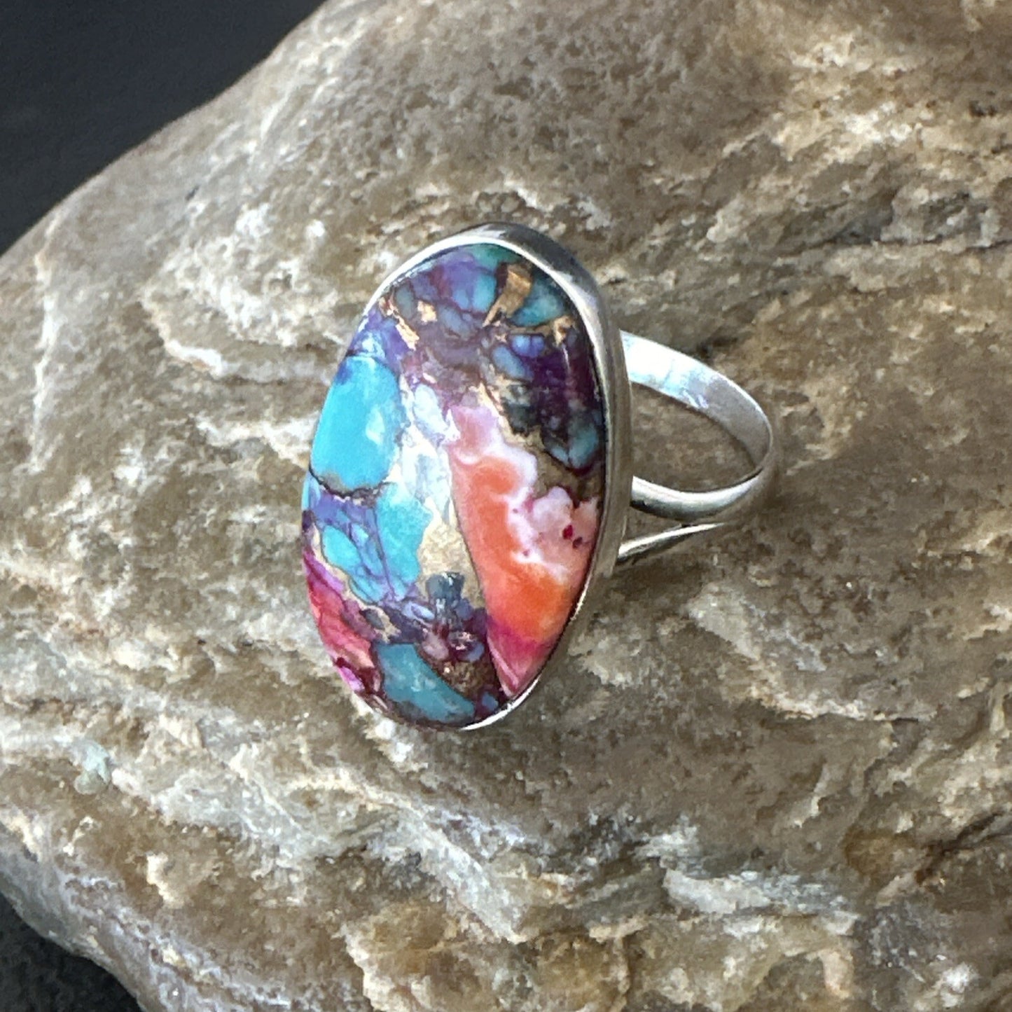 Blue Turquoise Spiny Oyster Southwestern Sterling Silver Ring Size 11 18455