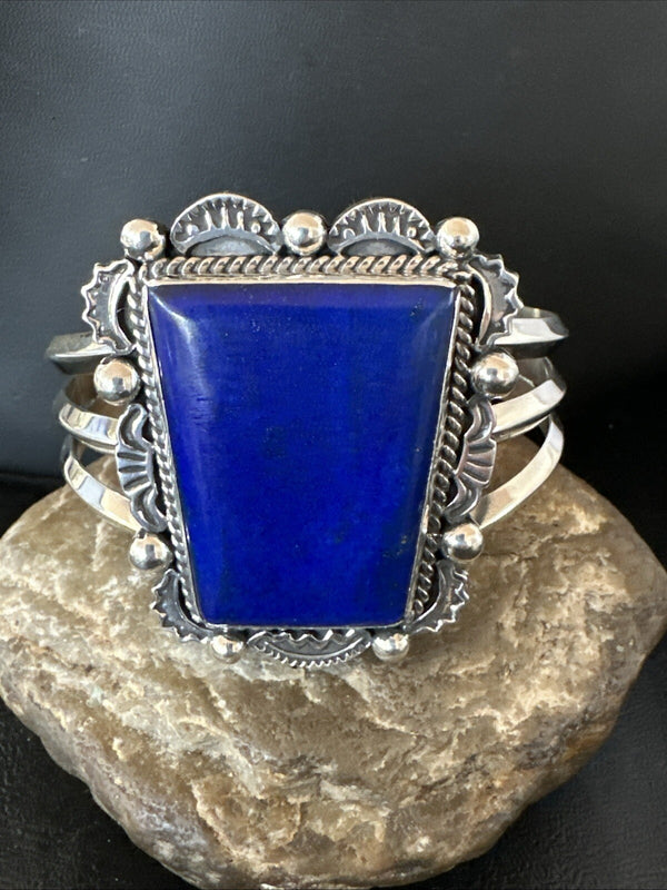 Men's Blue Lapis Lazuli Cuff Bracelet 8" | Sterling Silver | Authentic Native American Handmade | 18602