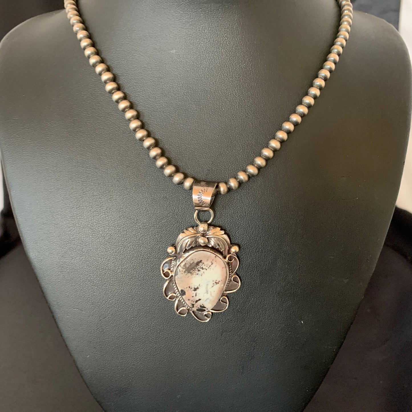 White Buffalo Turquoise Pendant  Sterling Silver Beads Necklace 11129