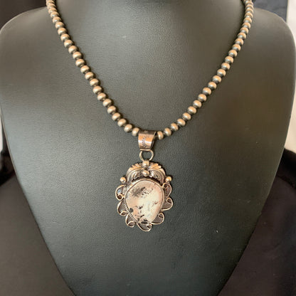 White Buffalo Turquoise Pendant  Sterling Silver Beads Necklace 11129